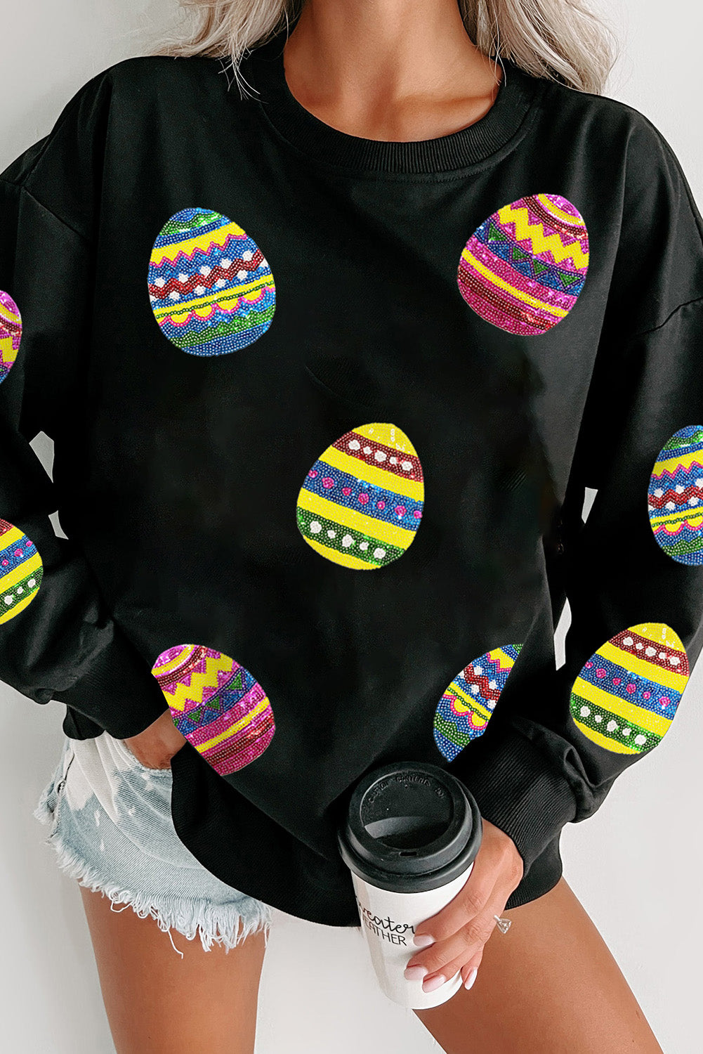 Beige Eater Egg Sequin Patched Crew Neck Sweatshirt