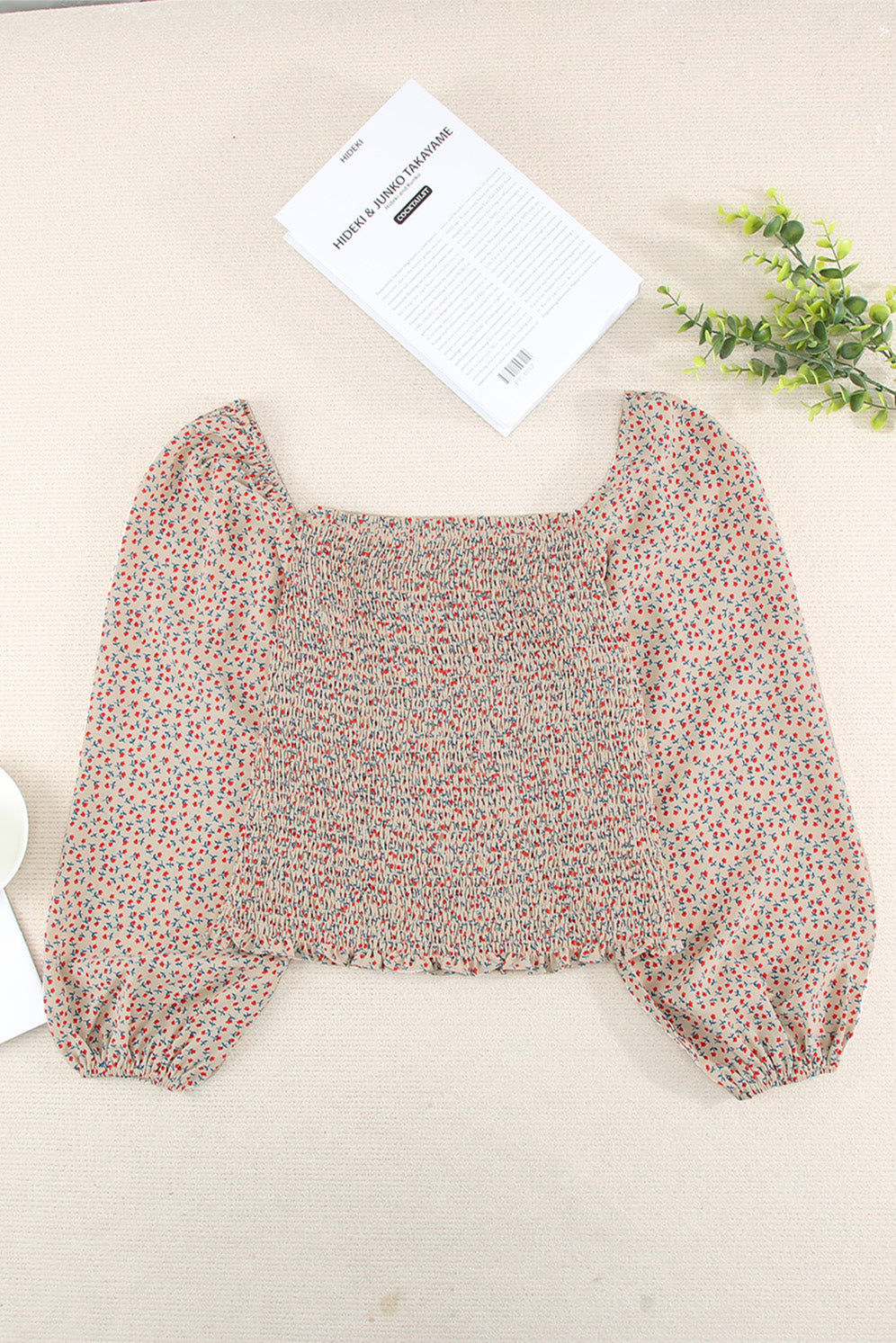 Green Square Neck Puff Sleeve Floral Smocked Top