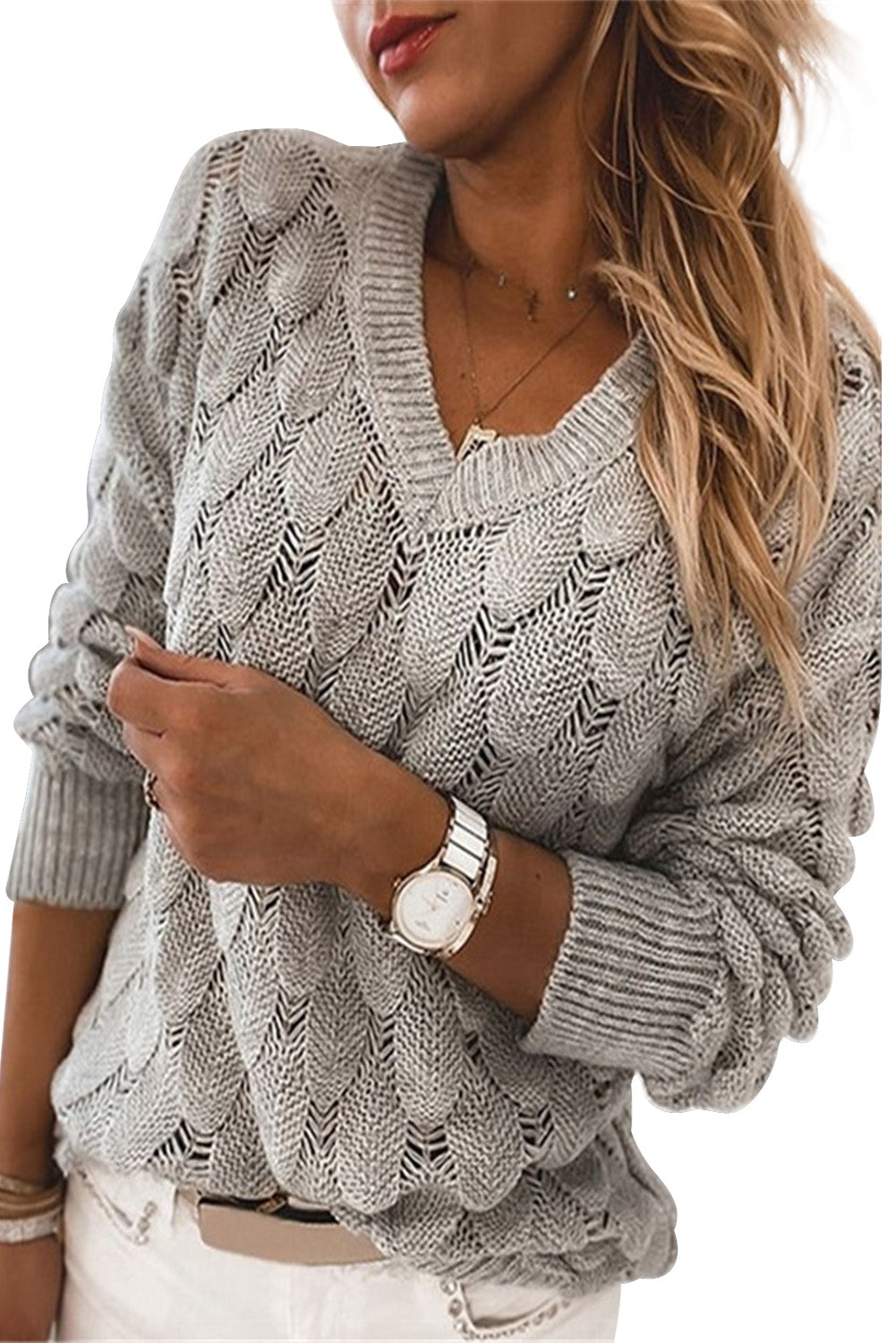 Black Feather Hollowed-out V-neck Long Sleeve Knitted Sweater