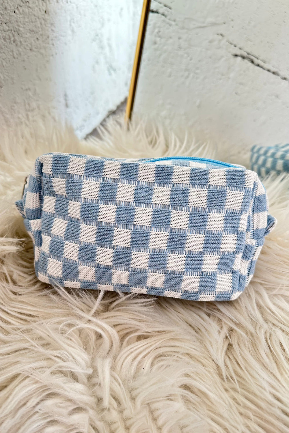 Light French Beige Checkered Knitted Zipper Makeup Bag