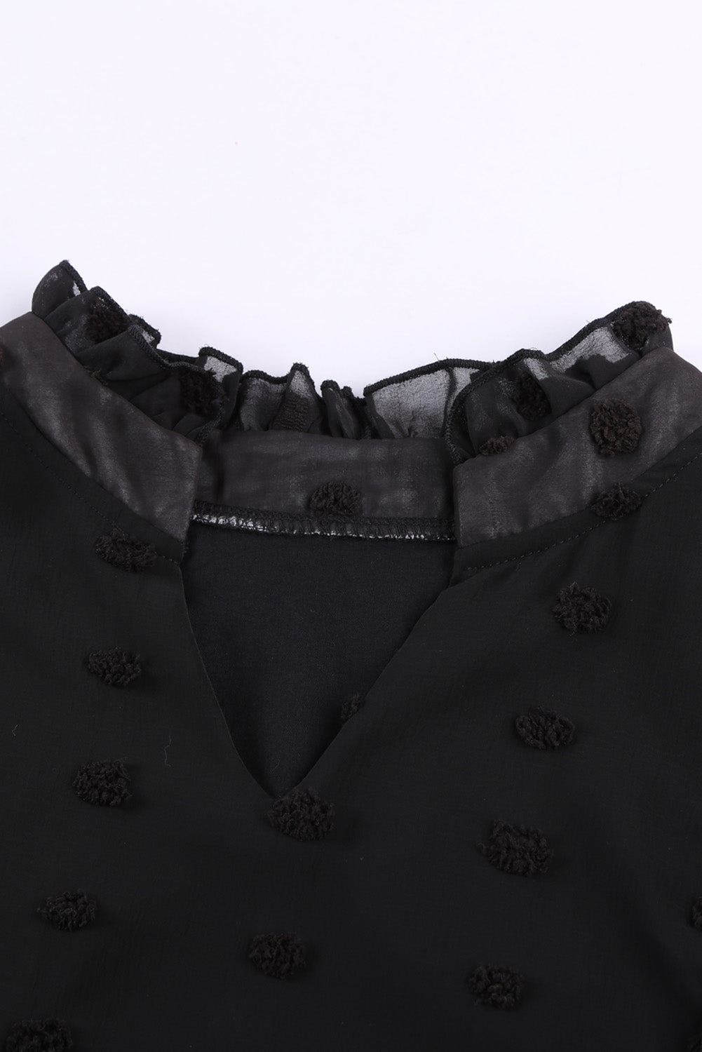 Green Ruffled Split Neck Lace Hollow Out Puff Sleeve Polka Dot Blouse