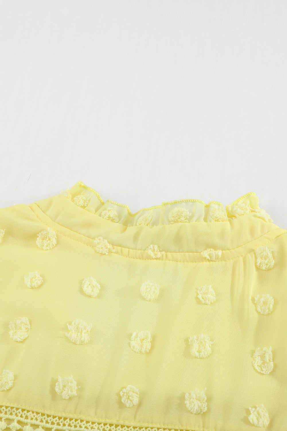 Green Ruffled Split Neck Lace Hollow Out Puff Sleeve Polka Dot Blouse