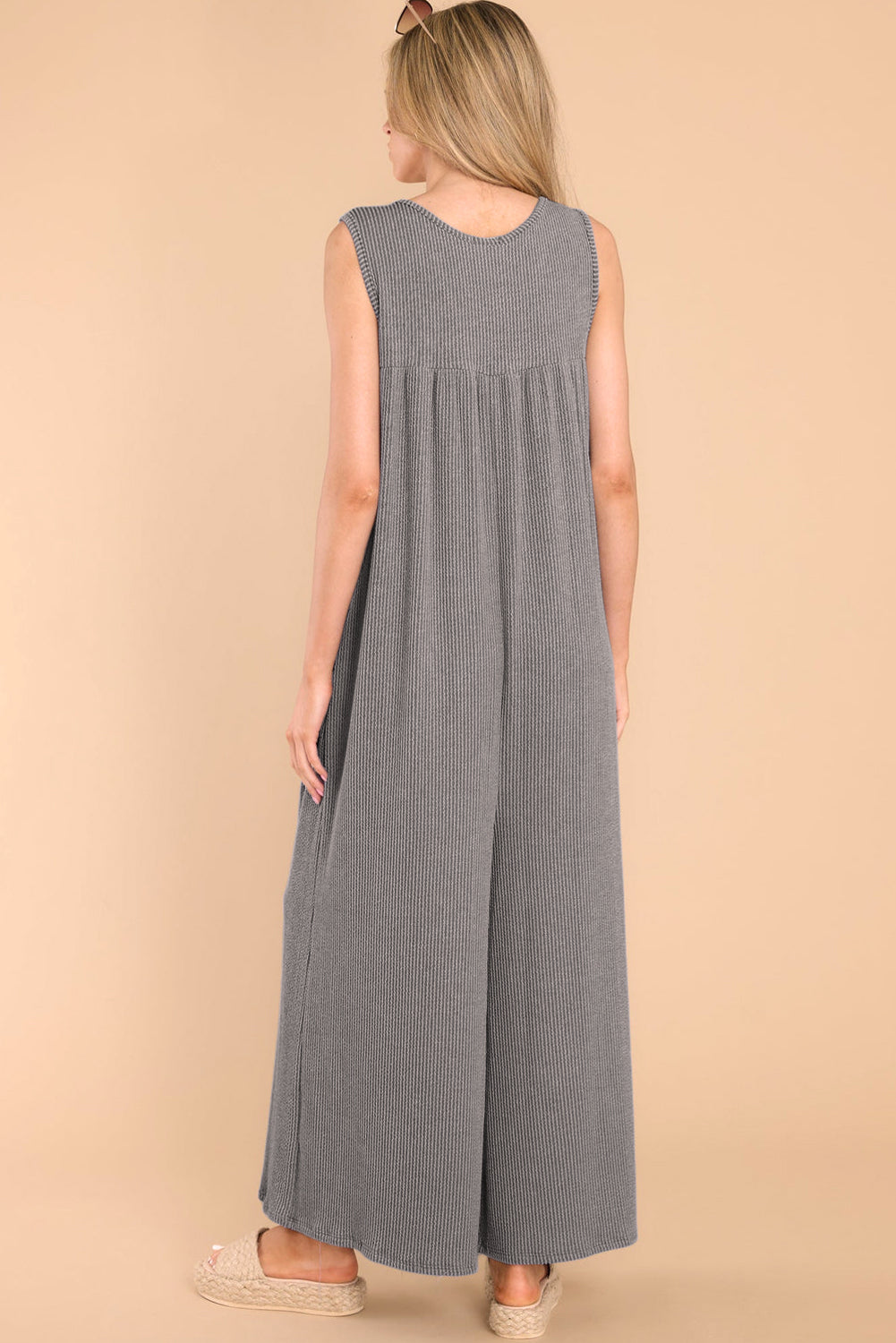Medium Grey Sleeveless Buttons Wide Leg Rib Knit Jumpsuit
