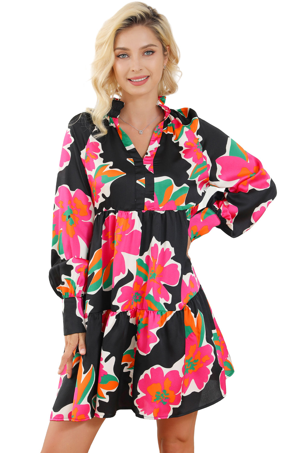 Multicolour Frill Collar Split Neck Long Sleeve Floral Dress
