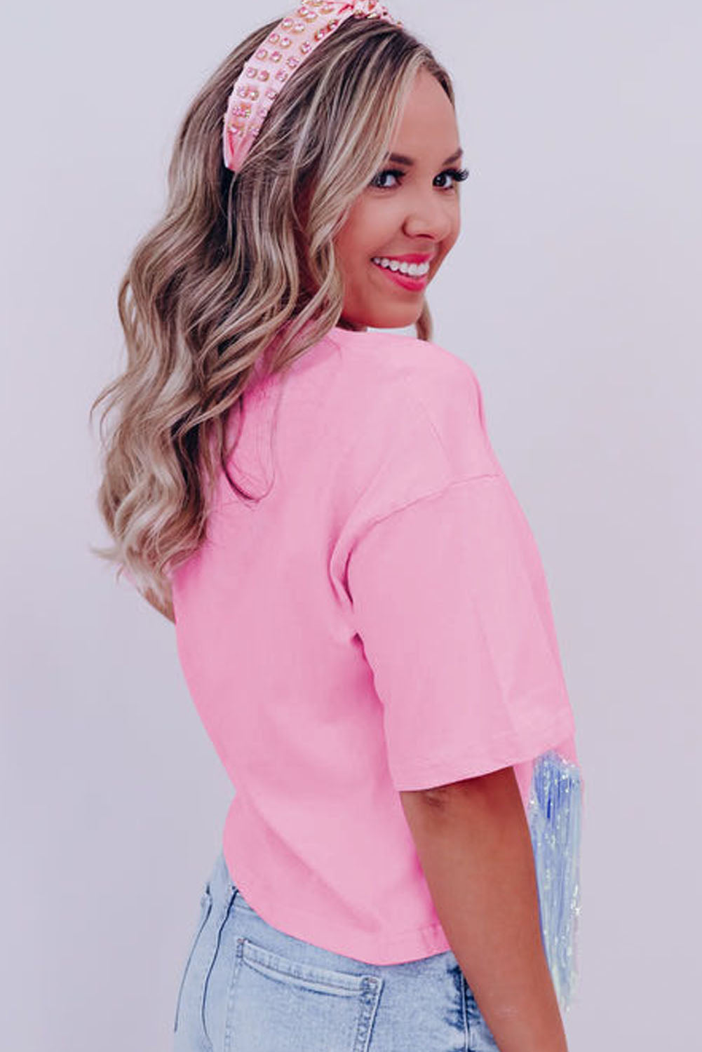 Pink COWBOY Western Fashion Print Sequin Fringed Hem Tee