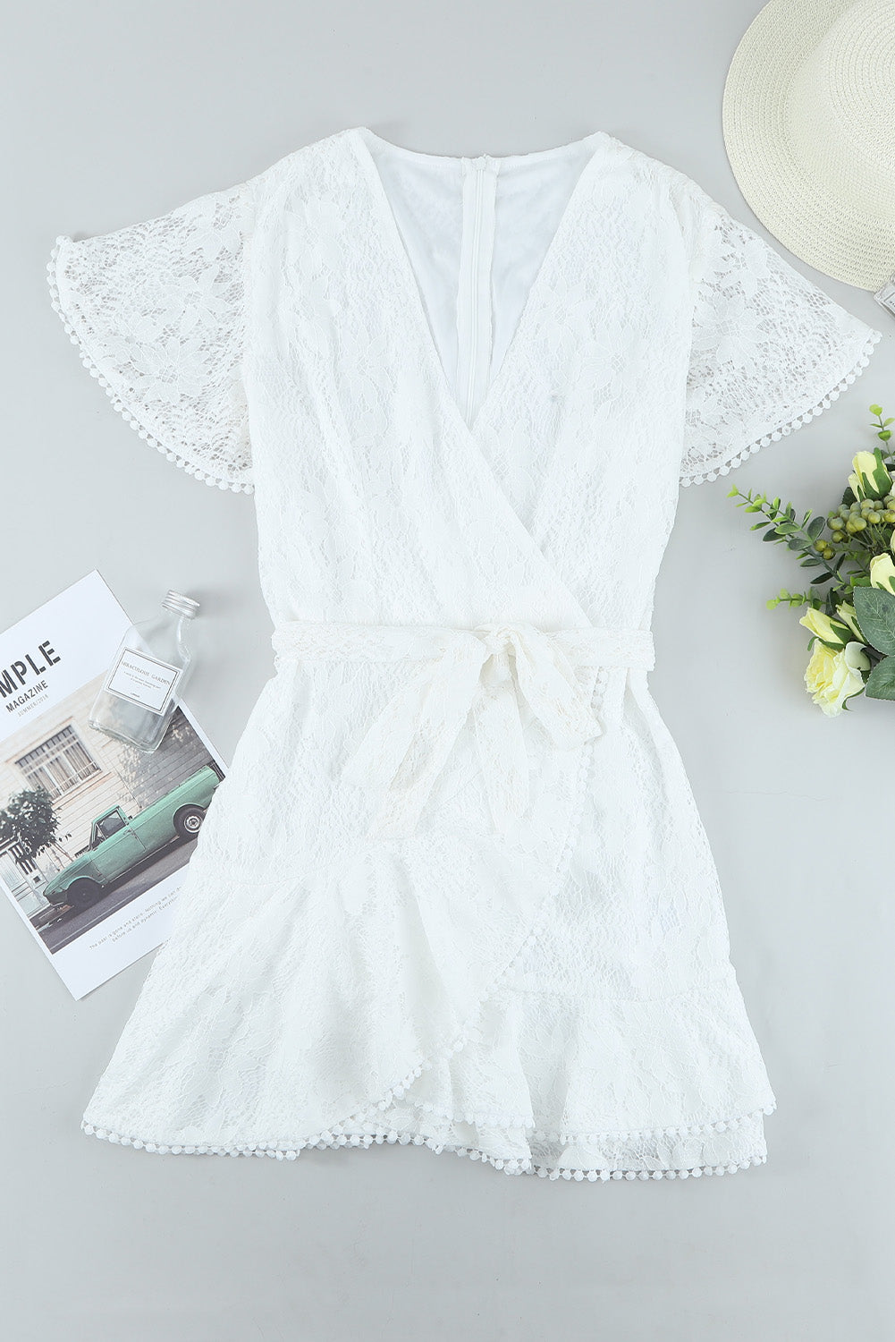 Pink Flutter Sleeve Wrap V Neck Floral Lace Short Dress