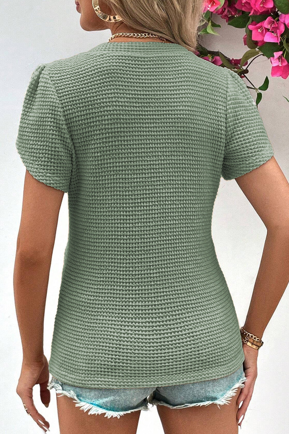 Camel V Neck Petal Sleeve Waffle Knit T-Shirt