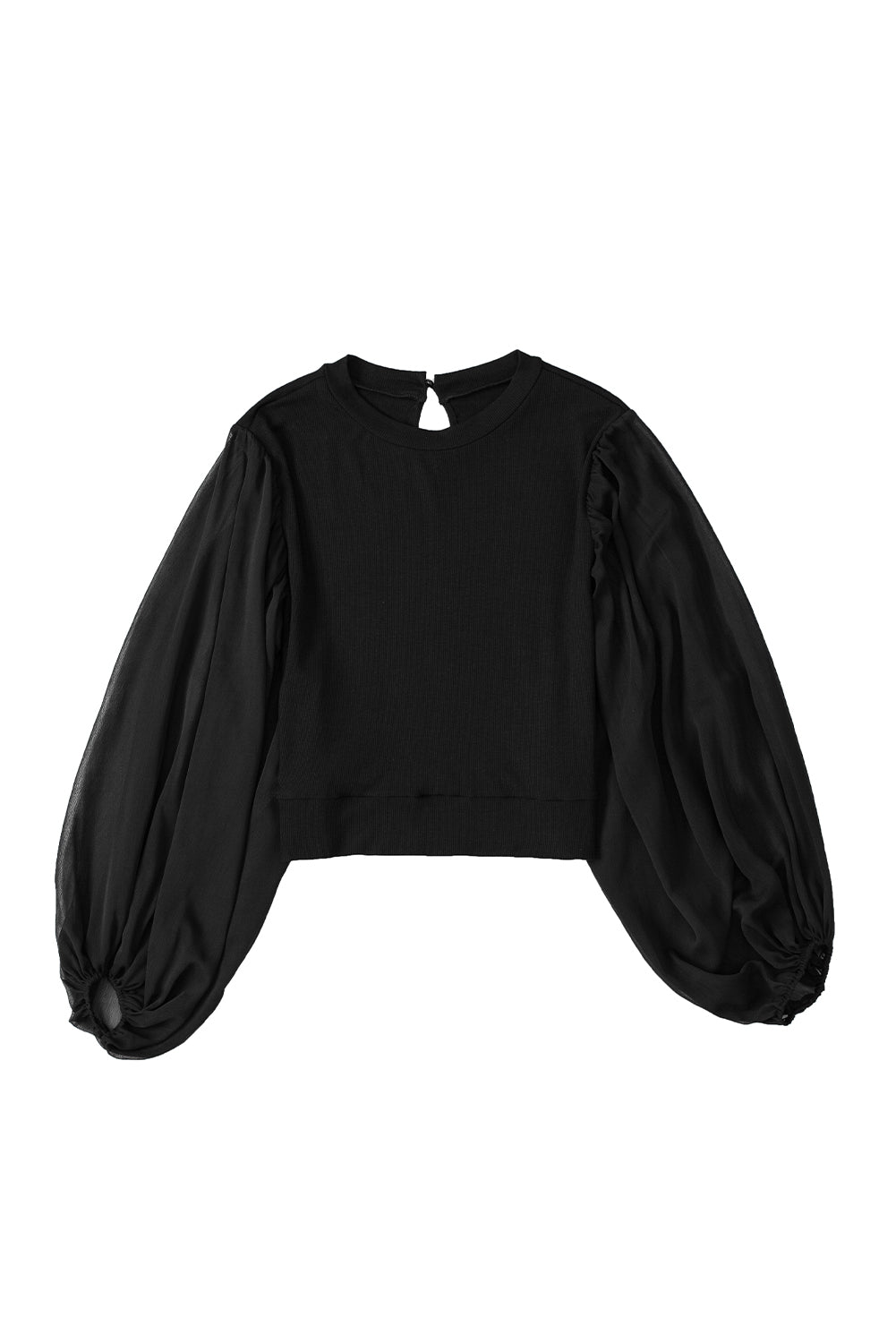 Black Billowy Mesh Puff Sleeve Ribbed Top