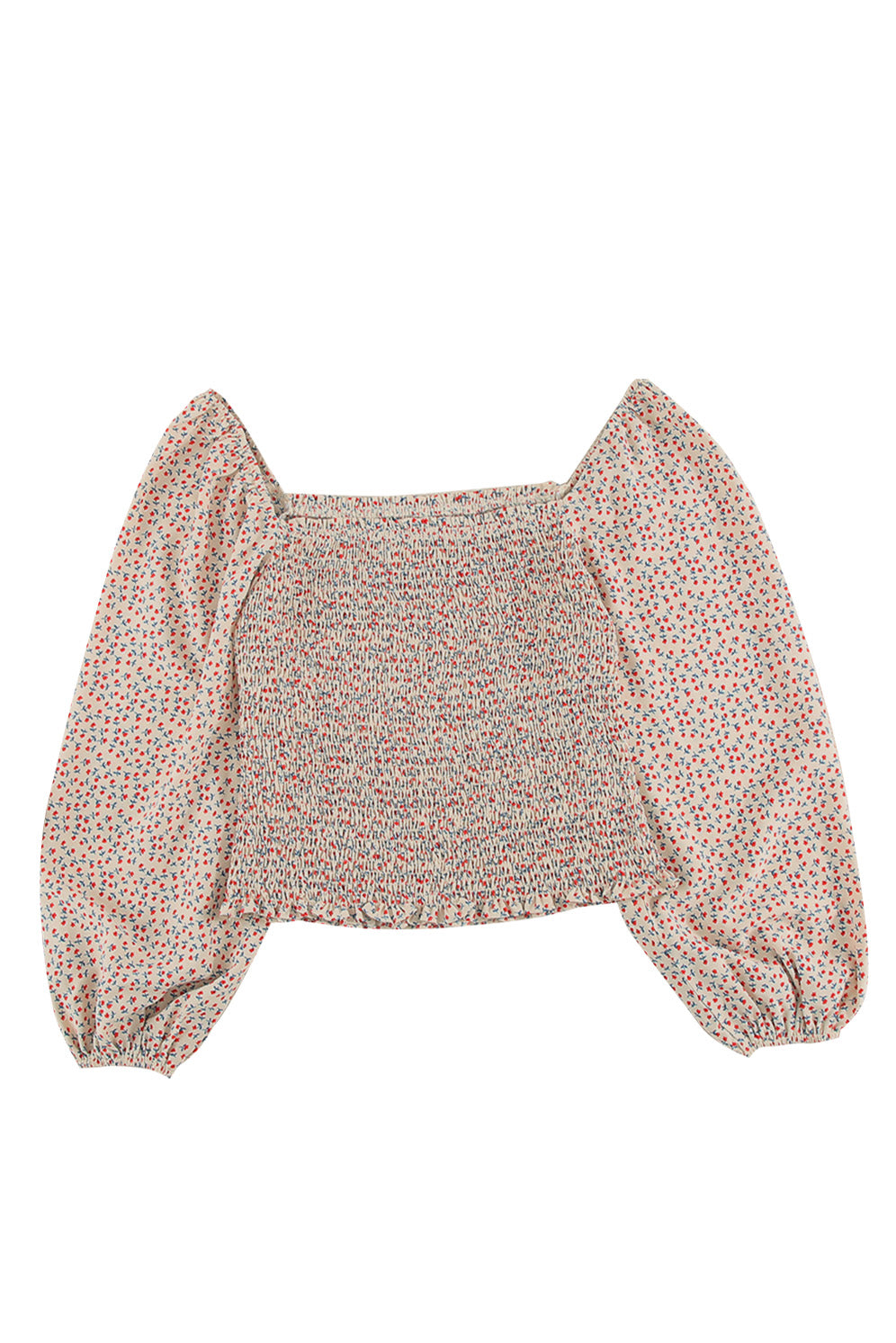 Green Square Neck Puff Sleeve Floral Smocked Top