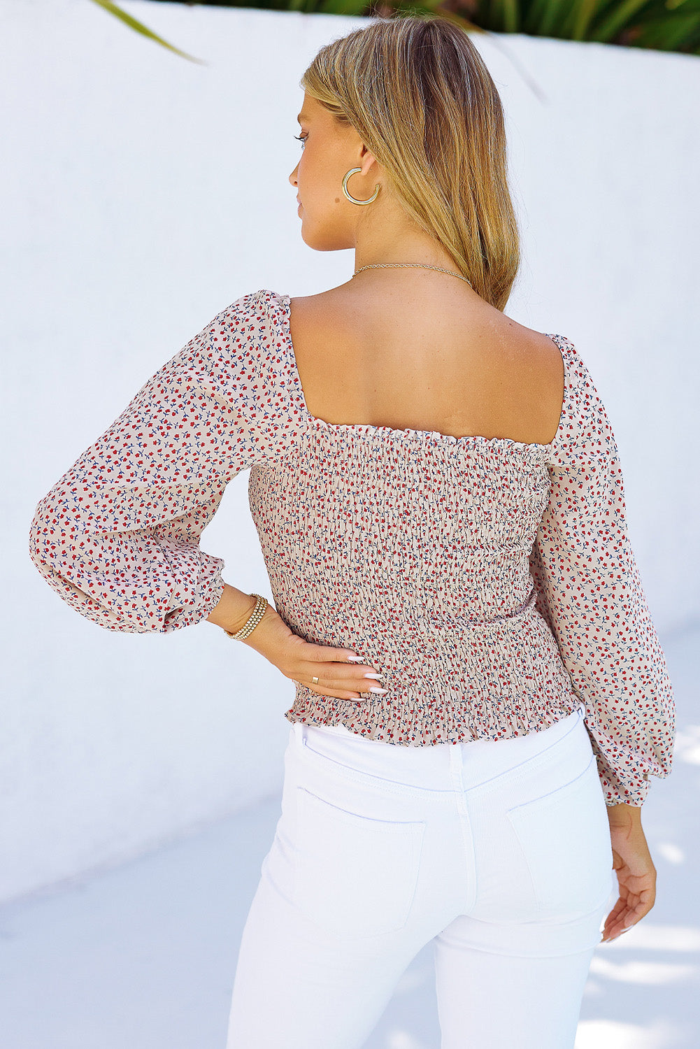 Green Square Neck Puff Sleeve Floral Smocked Top