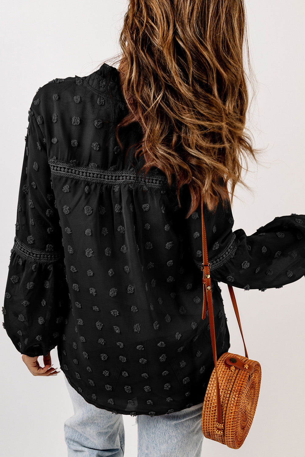 Green Ruffled Split Neck Lace Hollow Out Puff Sleeve Polka Dot Blouse