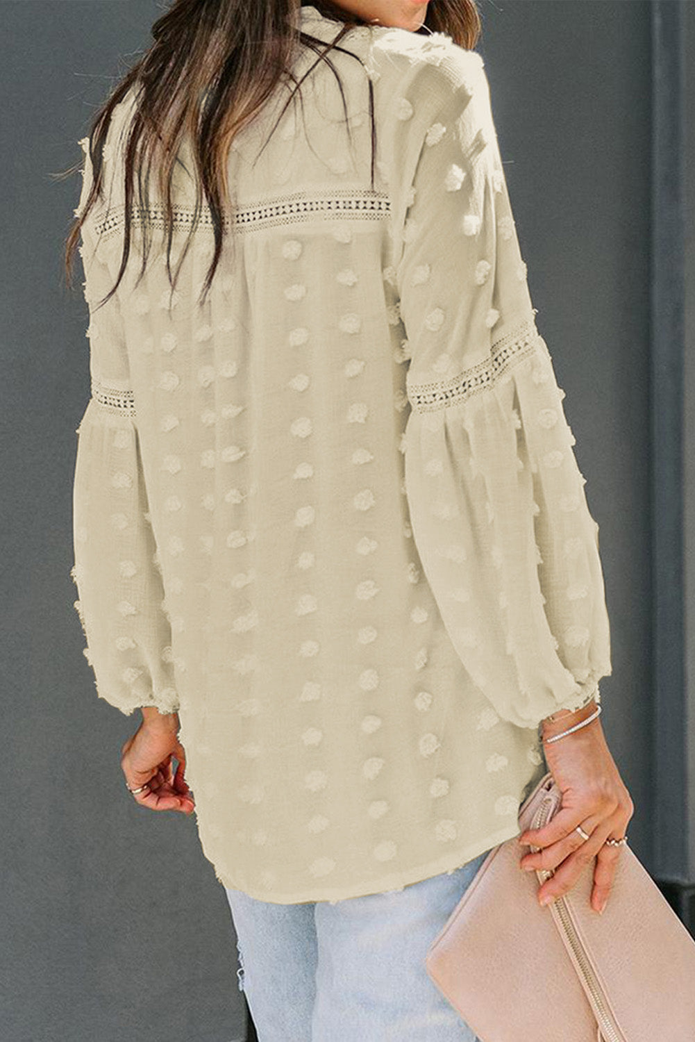 Green Ruffled Split Neck Lace Hollow Out Puff Sleeve Polka Dot Blouse