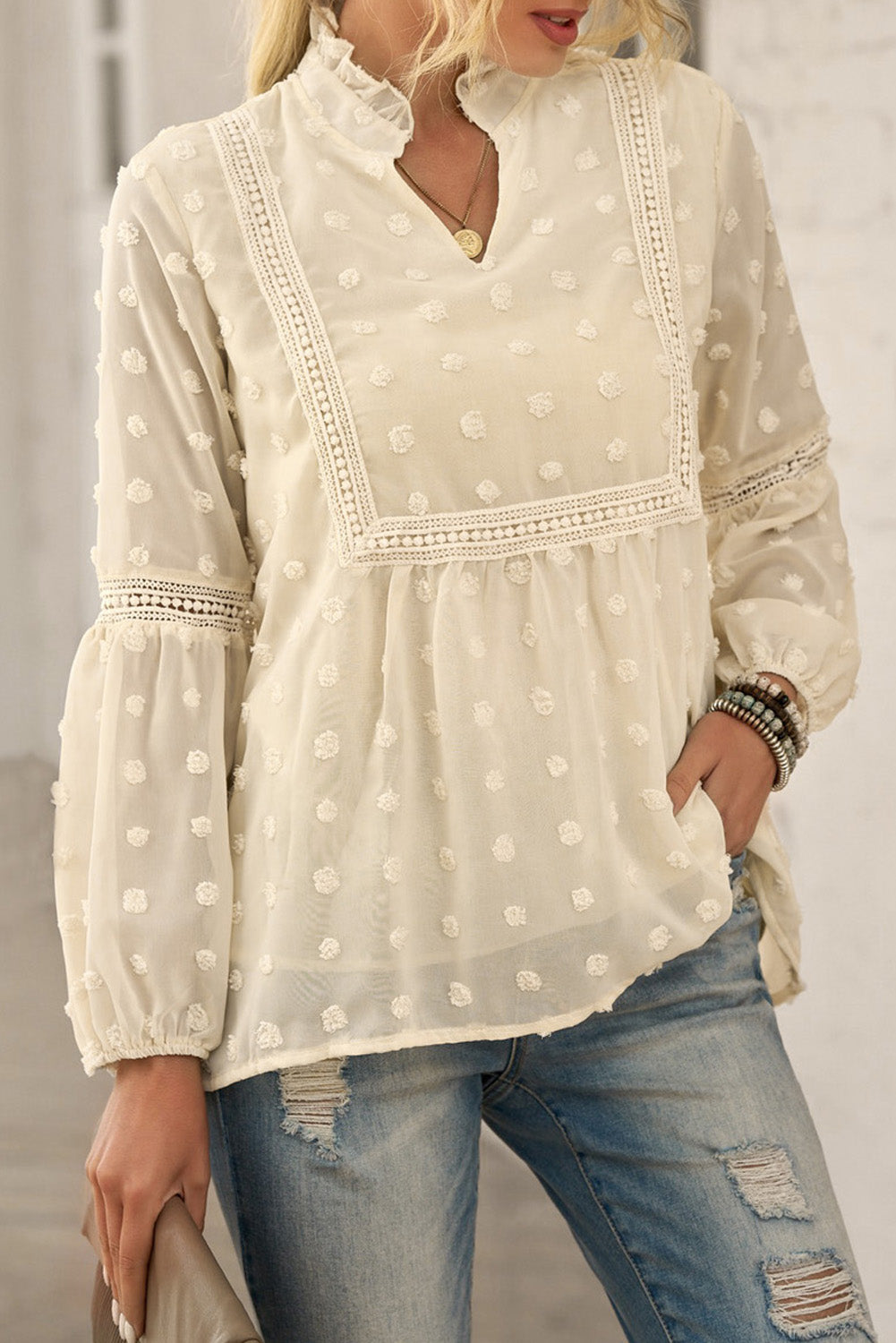 Green Ruffled Split Neck Lace Hollow Out Puff Sleeve Polka Dot Blouse