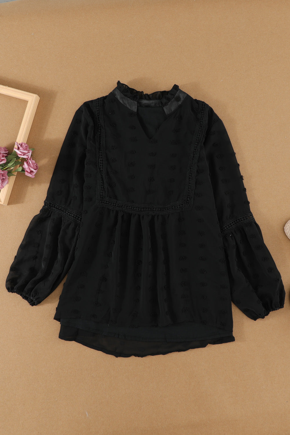 Green Ruffled Split Neck Lace Hollow Out Puff Sleeve Polka Dot Blouse