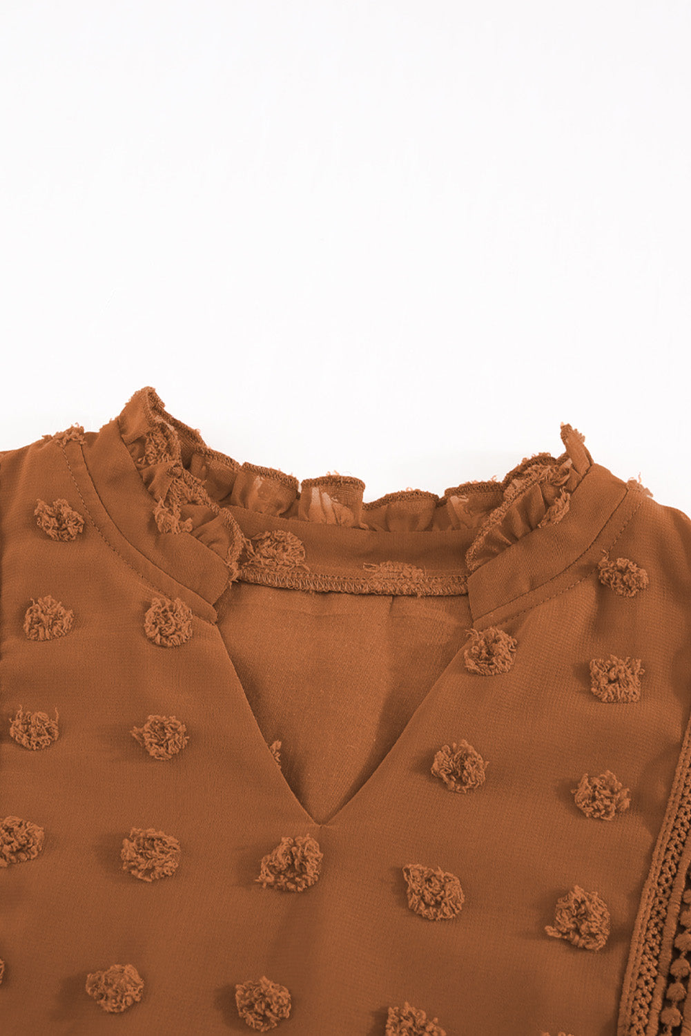 Green Ruffled Split Neck Lace Hollow Out Puff Sleeve Polka Dot Blouse