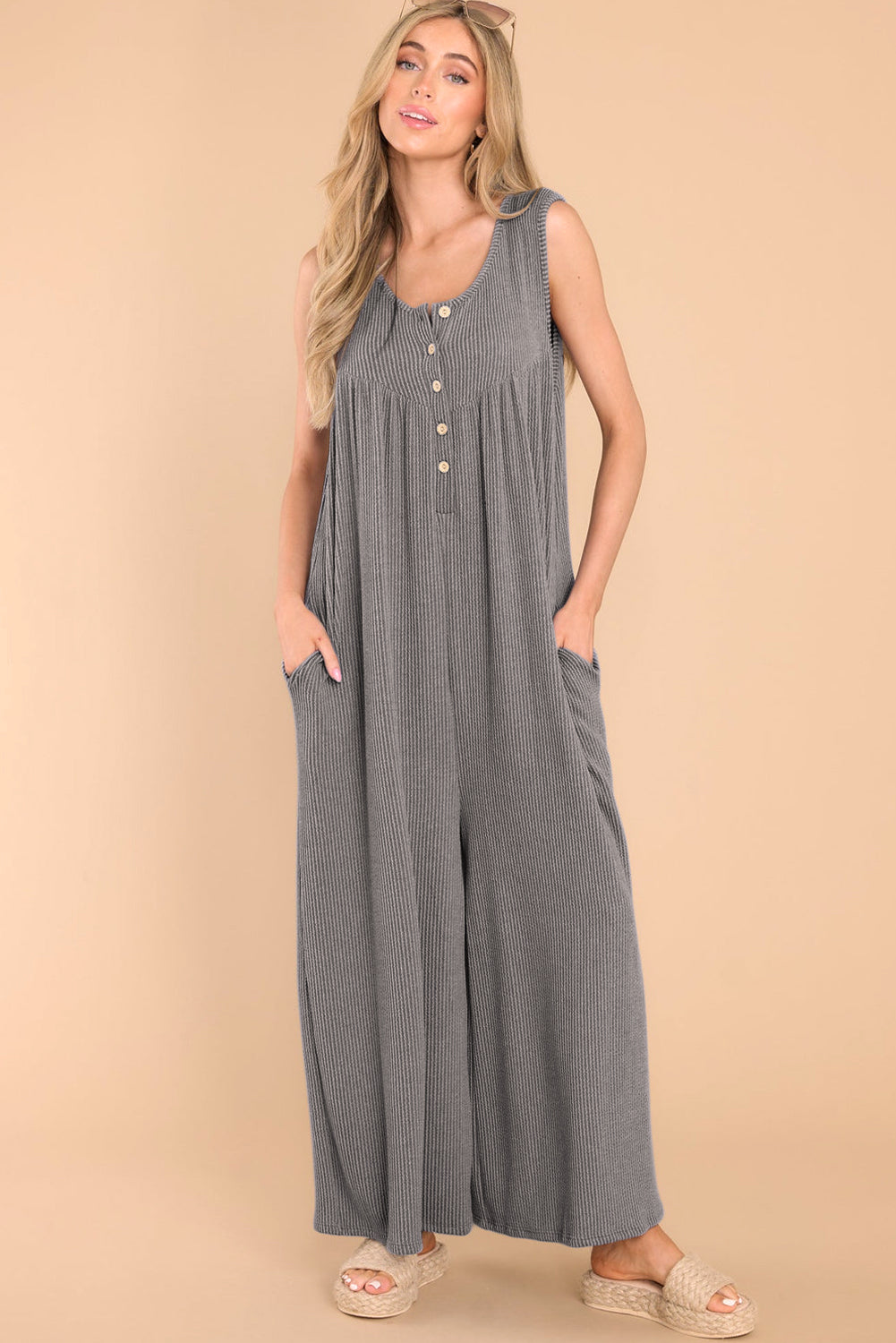 Medium Grey Sleeveless Buttons Wide Leg Rib Knit Jumpsuit