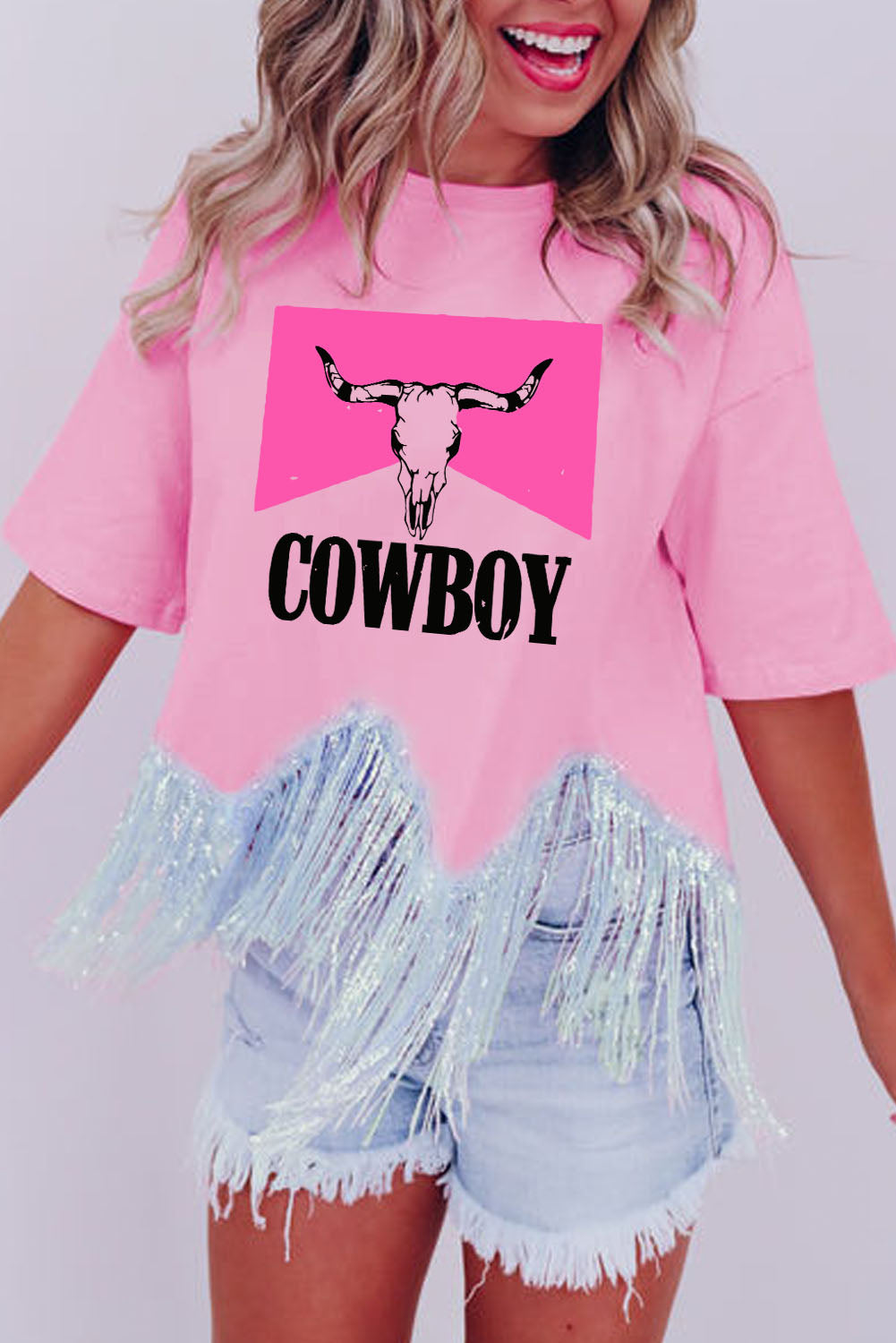 Pink COWBOY Western Fashion Print Sequin Fringed Hem Tee