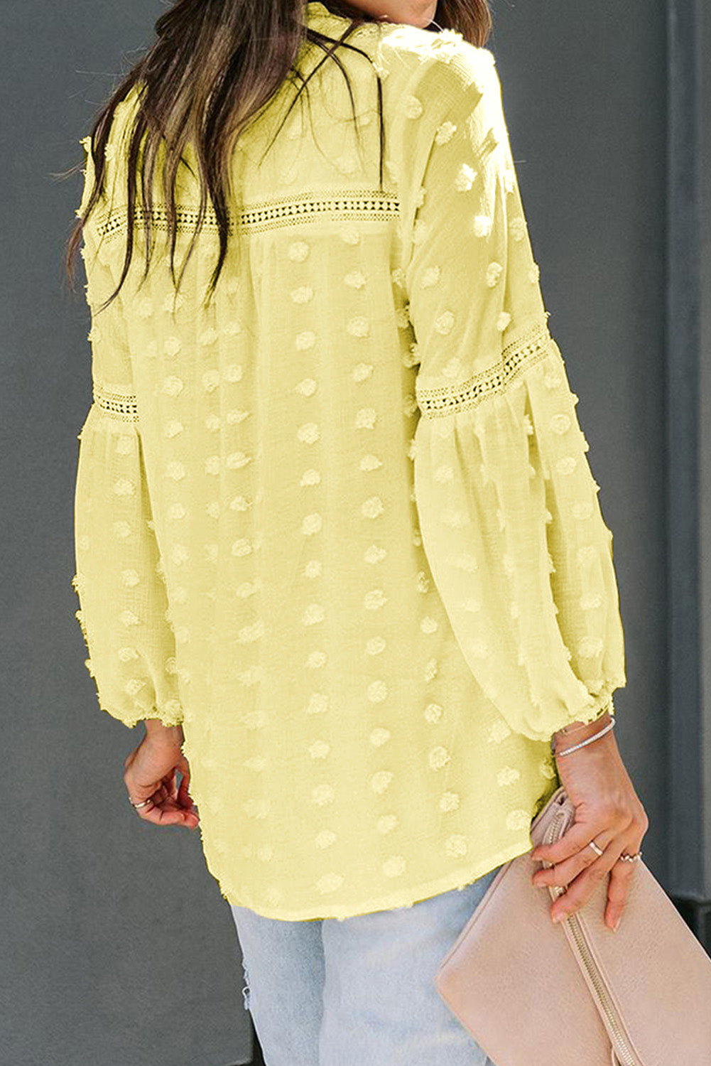 Green Ruffled Split Neck Lace Hollow Out Puff Sleeve Polka Dot Blouse