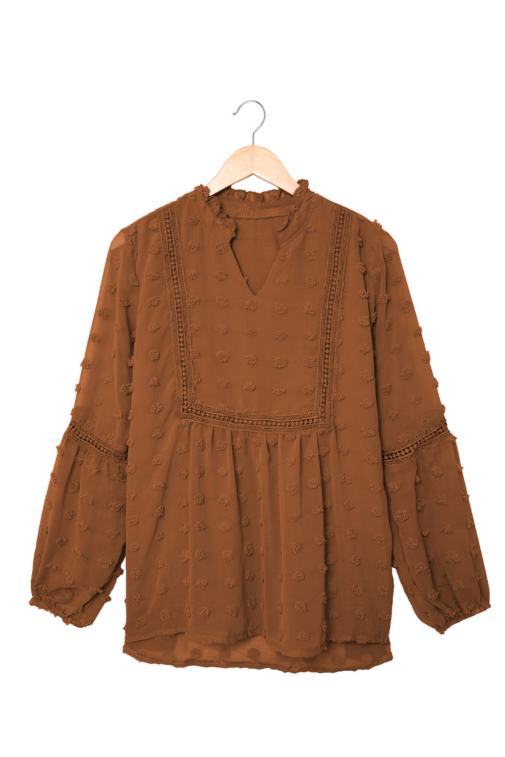 Green Ruffled Split Neck Lace Hollow Out Puff Sleeve Polka Dot Blouse