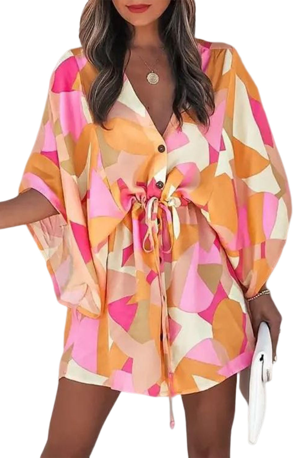 Pink Geometric Print Button Drawstring Batwing Sleeve Dress