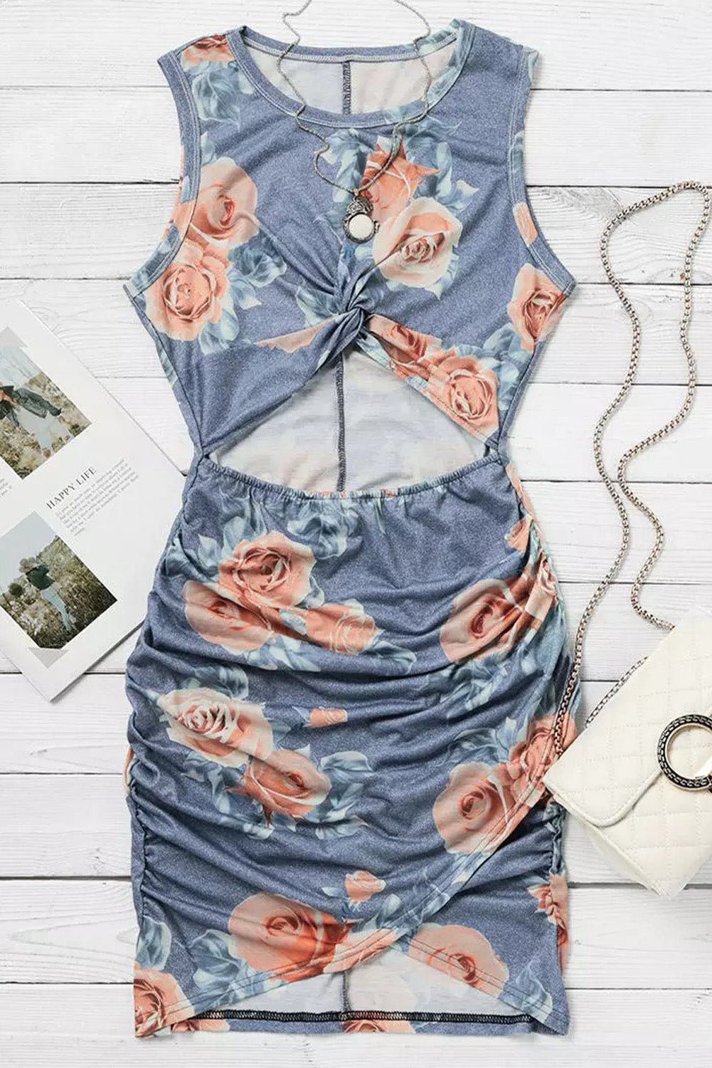 Multicolor Tie-dye Print Hollow Out Twist Bodycon Mini Dress