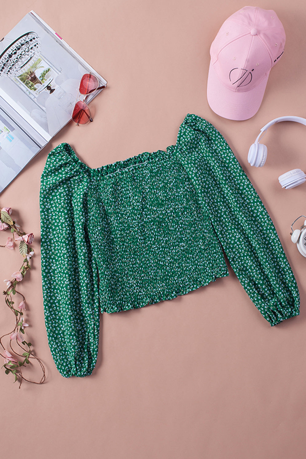 Green Square Neck Puff Sleeve Floral Smocked Top