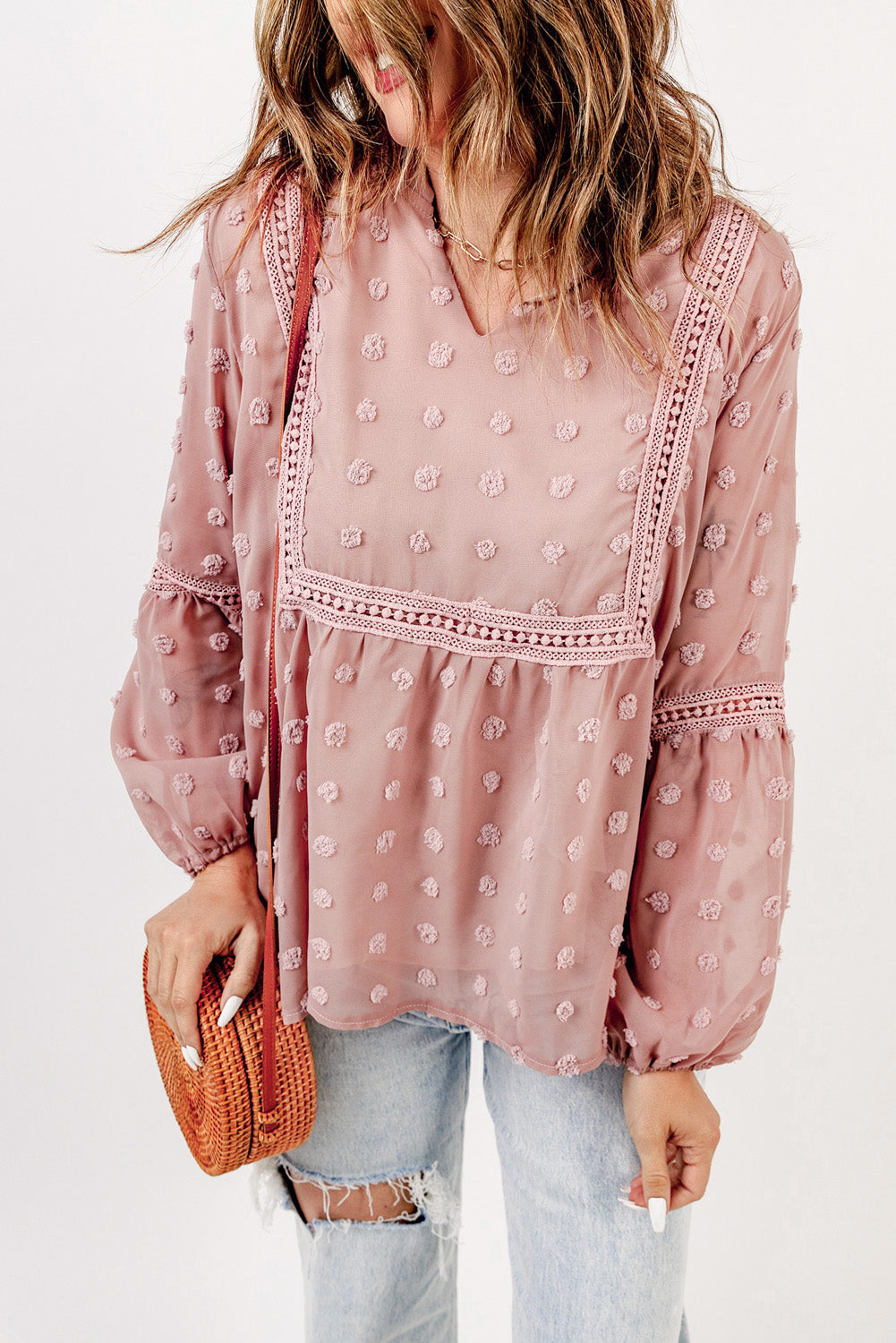 Green Ruffled Split Neck Lace Hollow Out Puff Sleeve Polka Dot Blouse