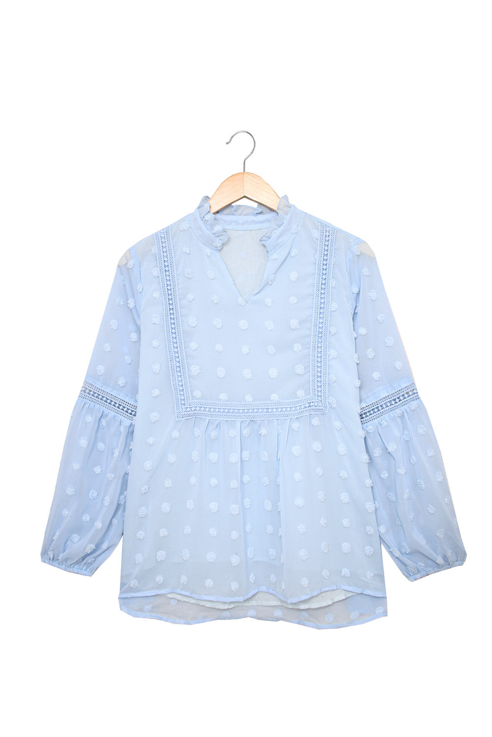 Green Ruffled Split Neck Lace Hollow Out Puff Sleeve Polka Dot Blouse