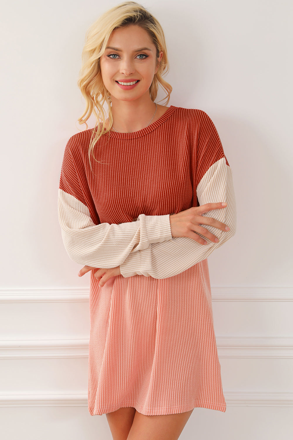 Red Clay Colorblock Corded Long Sleeve Mini Dress
