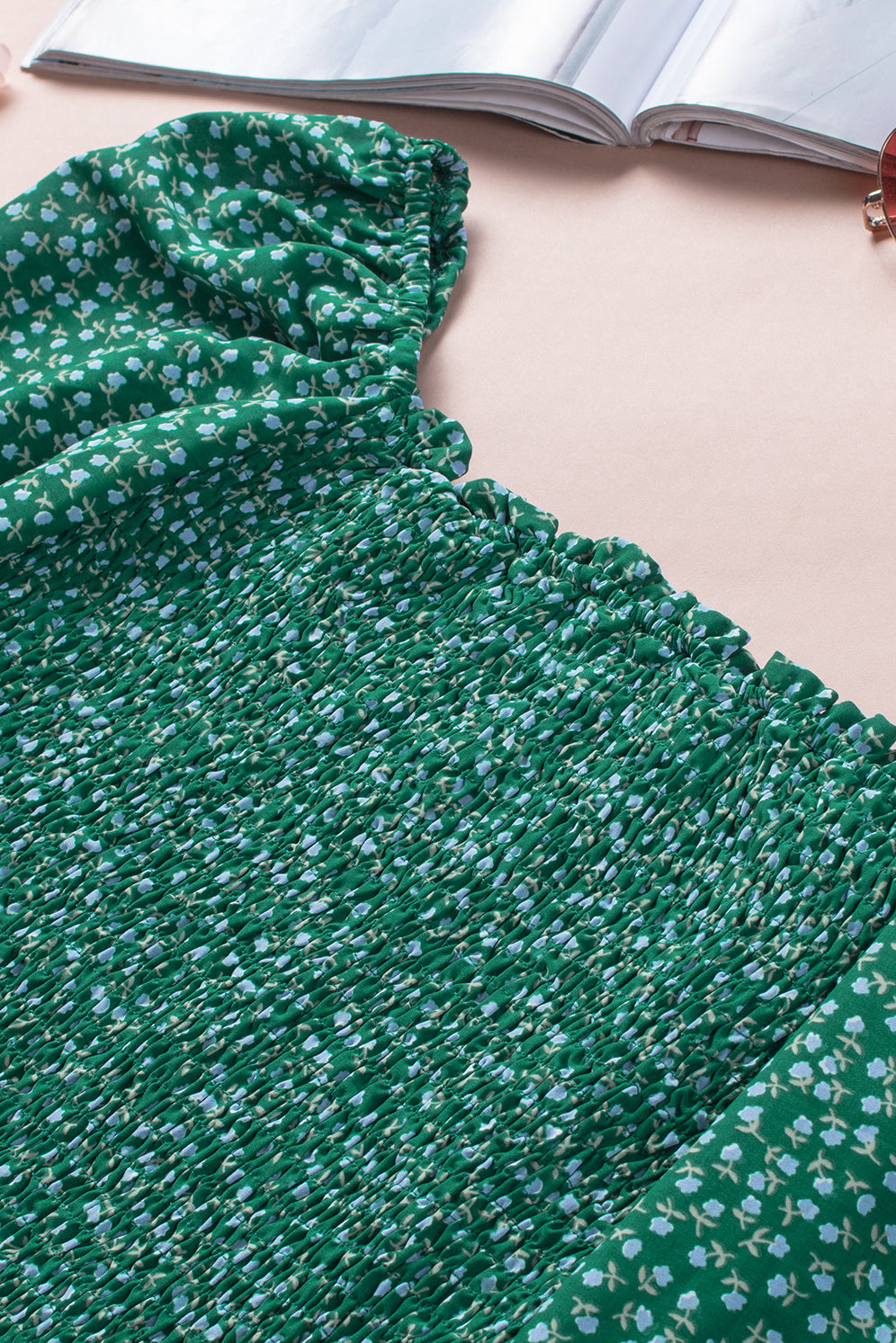 Green Square Neck Puff Sleeve Floral Smocked Top