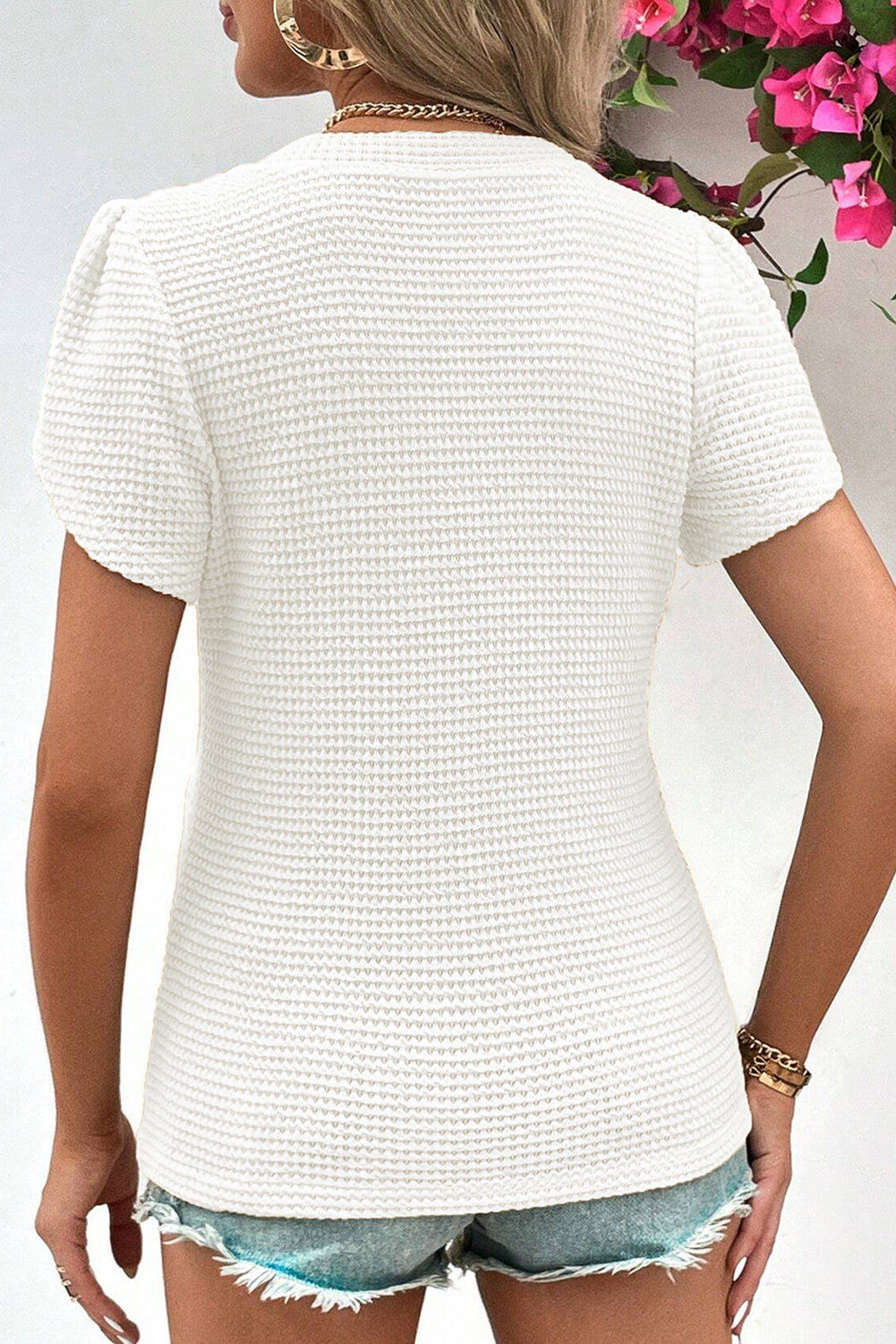 Camel V Neck Petal Sleeve Waffle Knit T-Shirt