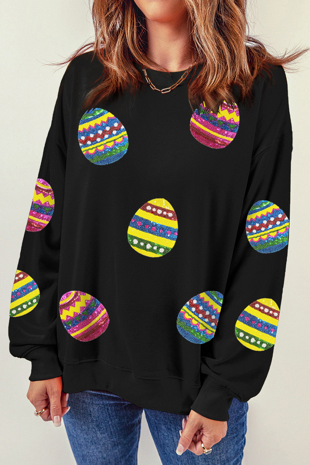 Beige Eater Egg Sequin Patched Crew Neck Sweatshirt