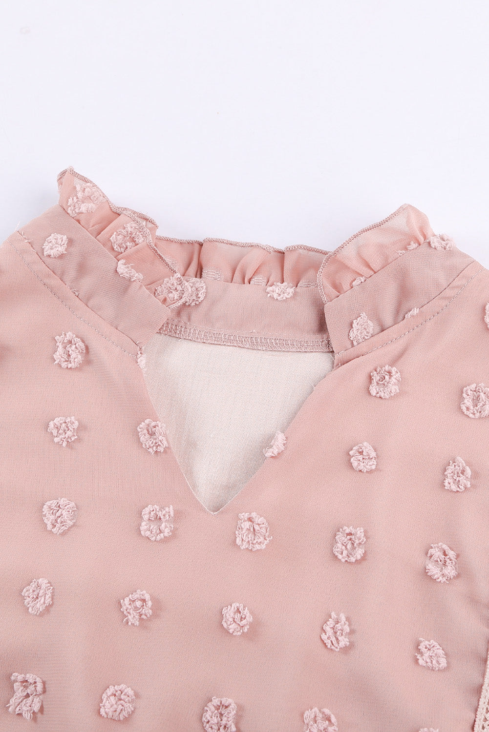 Green Ruffled Split Neck Lace Hollow Out Puff Sleeve Polka Dot Blouse