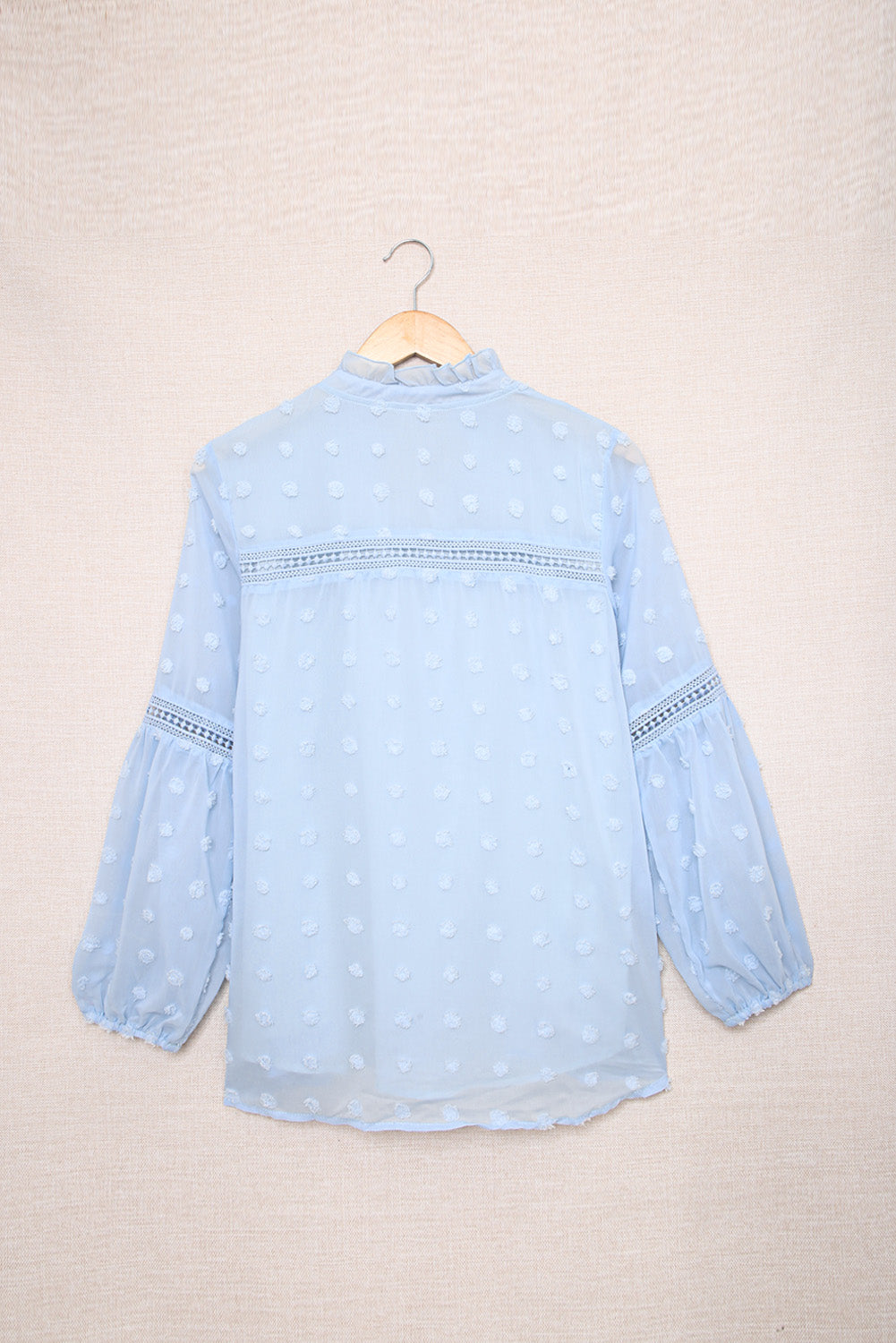 Green Ruffled Split Neck Lace Hollow Out Puff Sleeve Polka Dot Blouse