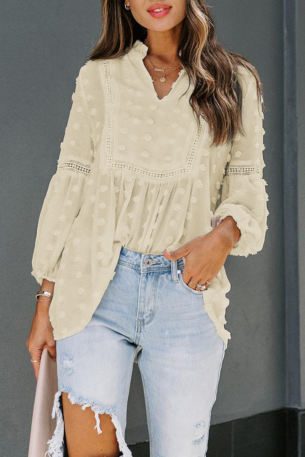 Green Ruffled Split Neck Lace Hollow Out Puff Sleeve Polka Dot Blouse