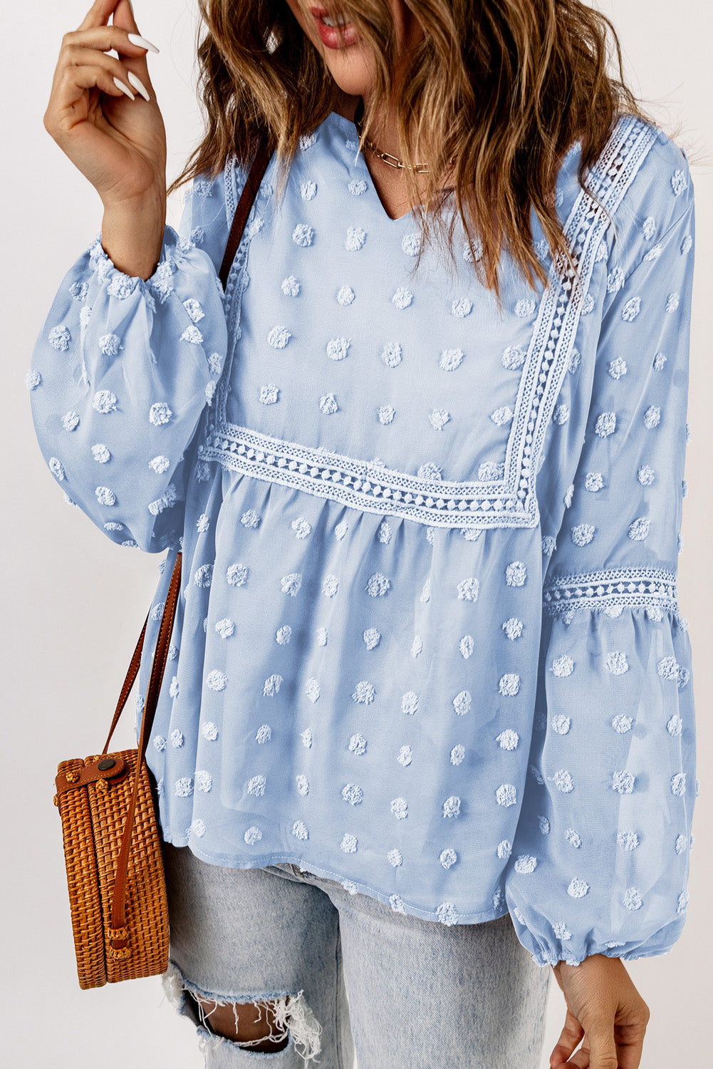 Green Ruffled Split Neck Lace Hollow Out Puff Sleeve Polka Dot Blouse