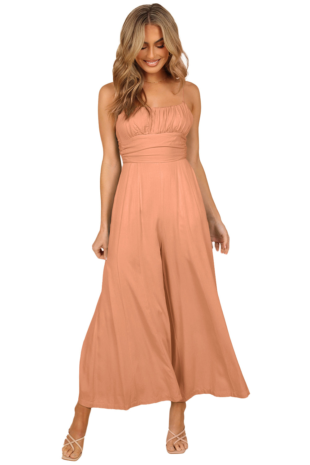 Green Spaghetti Straps Backless Knot Wide-Leg Jumpsuit