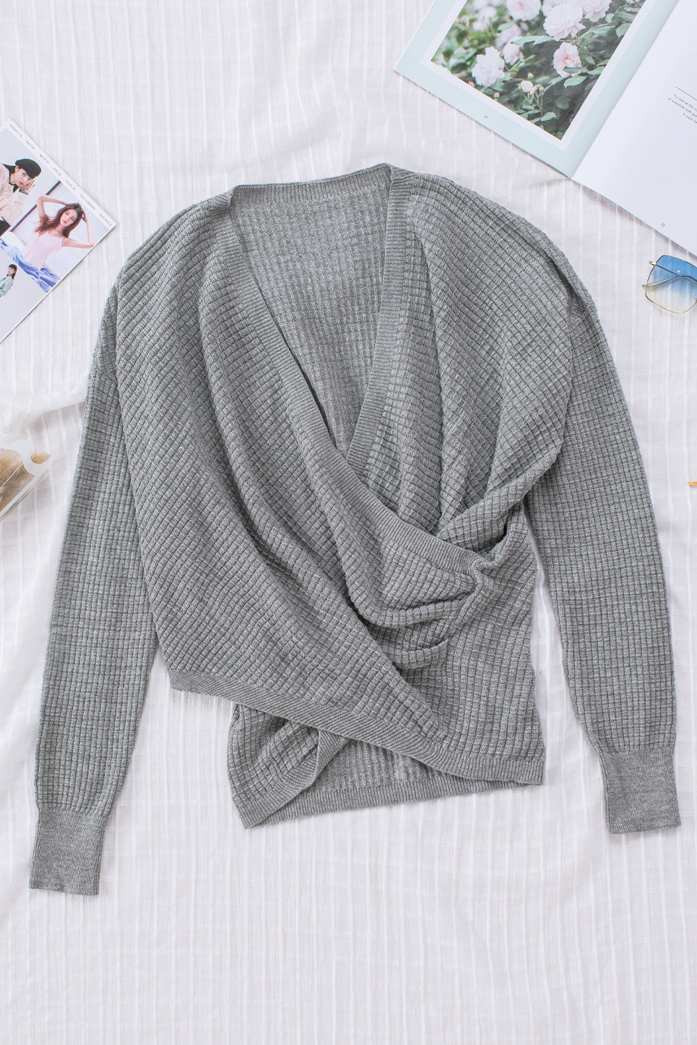 Gray Black/Pink/Gray/Khaki/Apricot Wrap V Neck Waffle Sweater