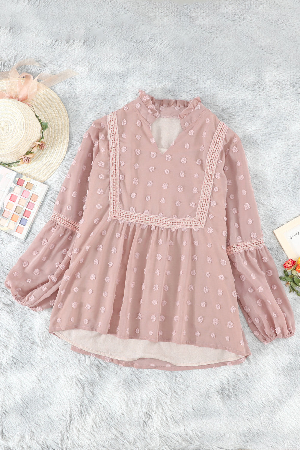 Green Ruffled Split Neck Lace Hollow Out Puff Sleeve Polka Dot Blouse