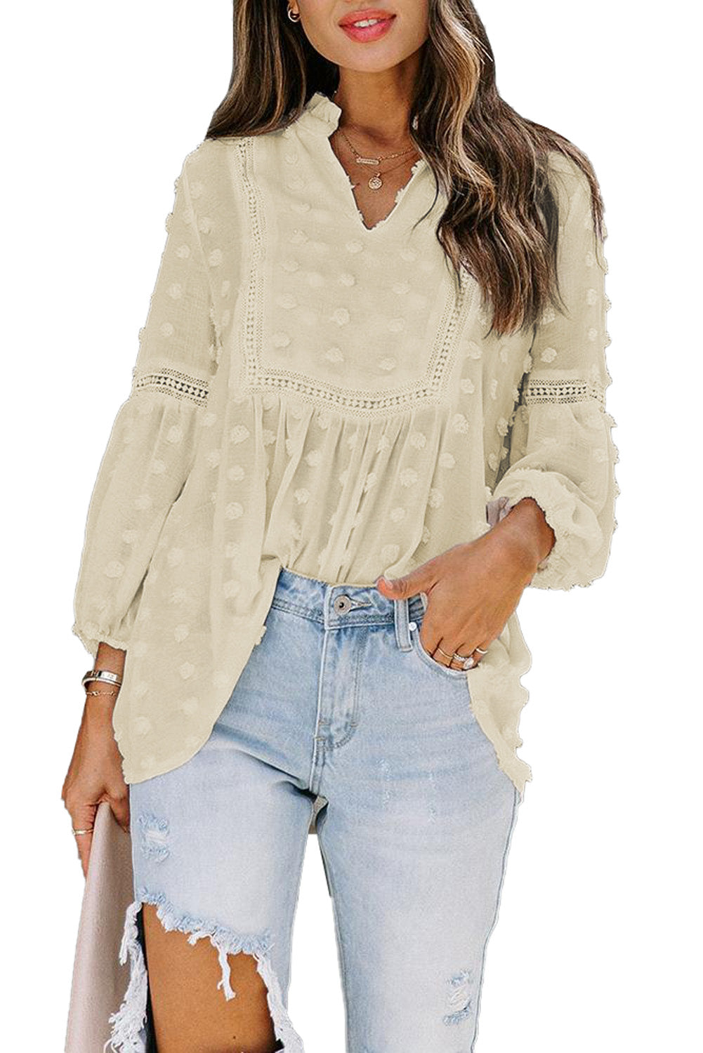 Green Ruffled Split Neck Lace Hollow Out Puff Sleeve Polka Dot Blouse