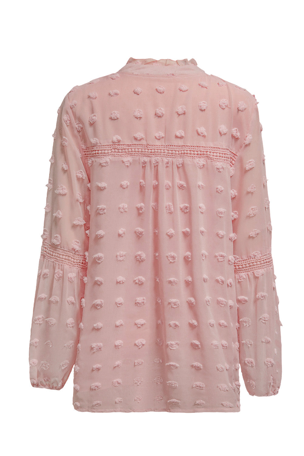 Green Ruffled Split Neck Lace Hollow Out Puff Sleeve Polka Dot Blouse