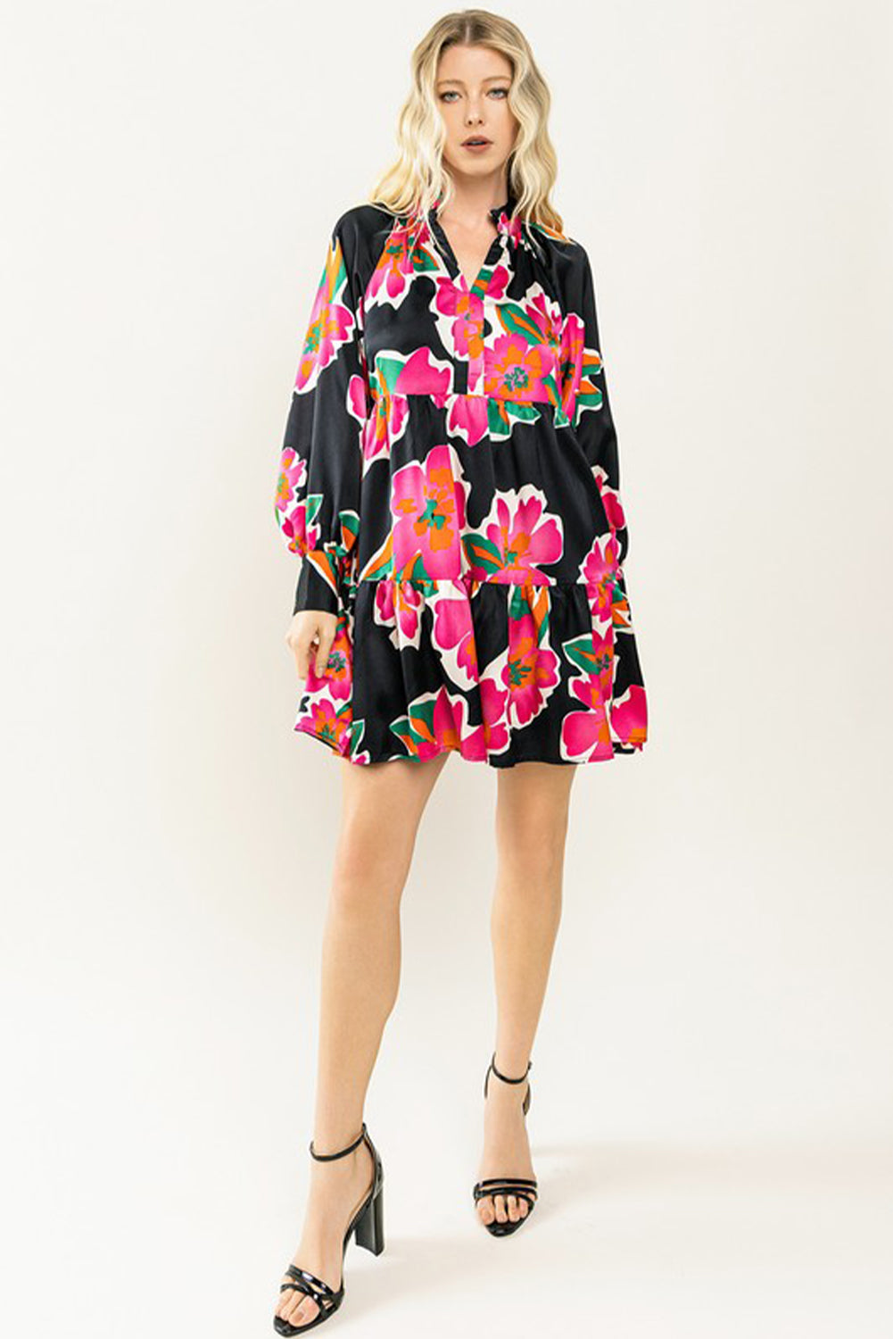 Multicolour Frill Collar Split Neck Long Sleeve Floral Dress