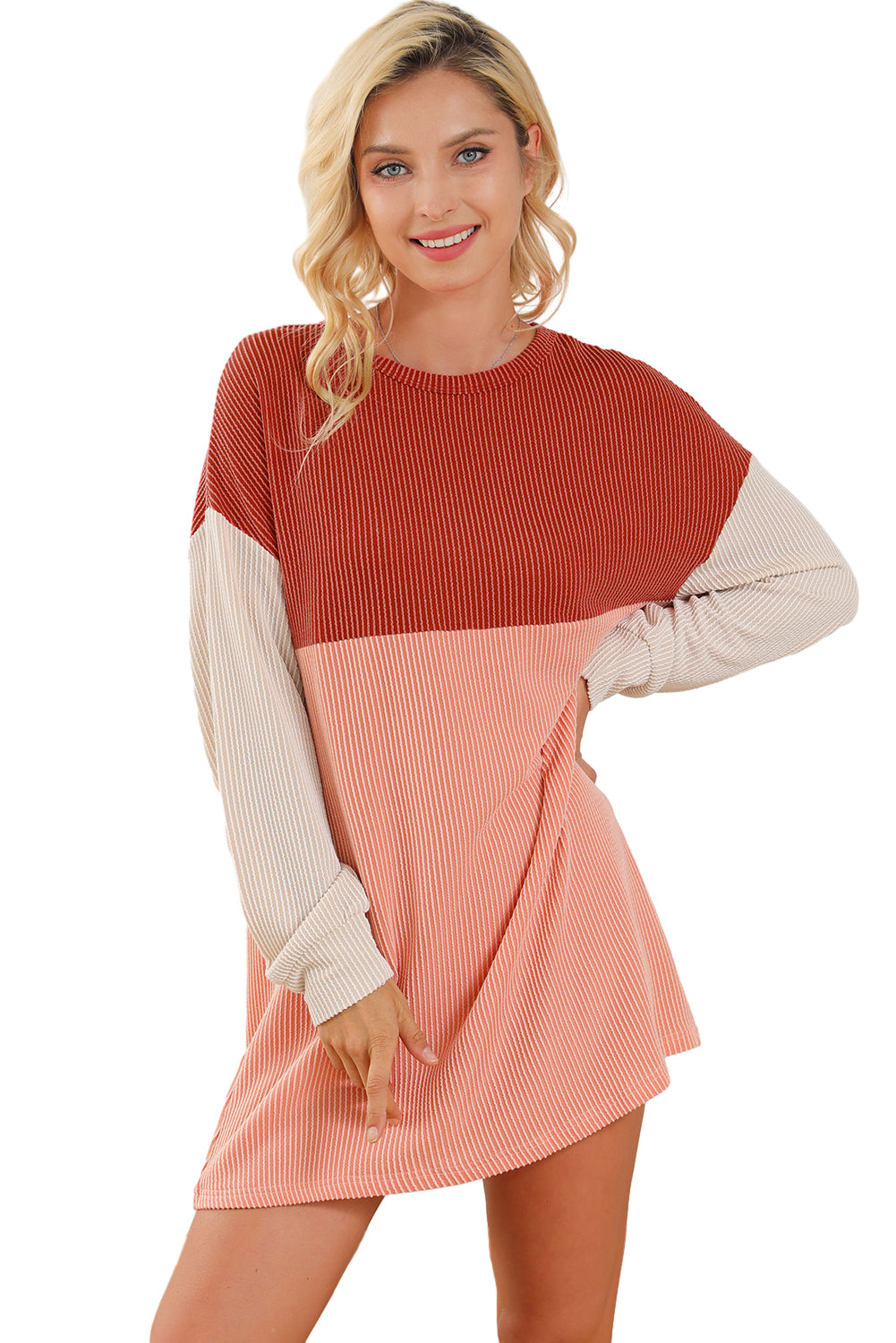 Red Clay Colorblock Corded Long Sleeve Mini Dress
