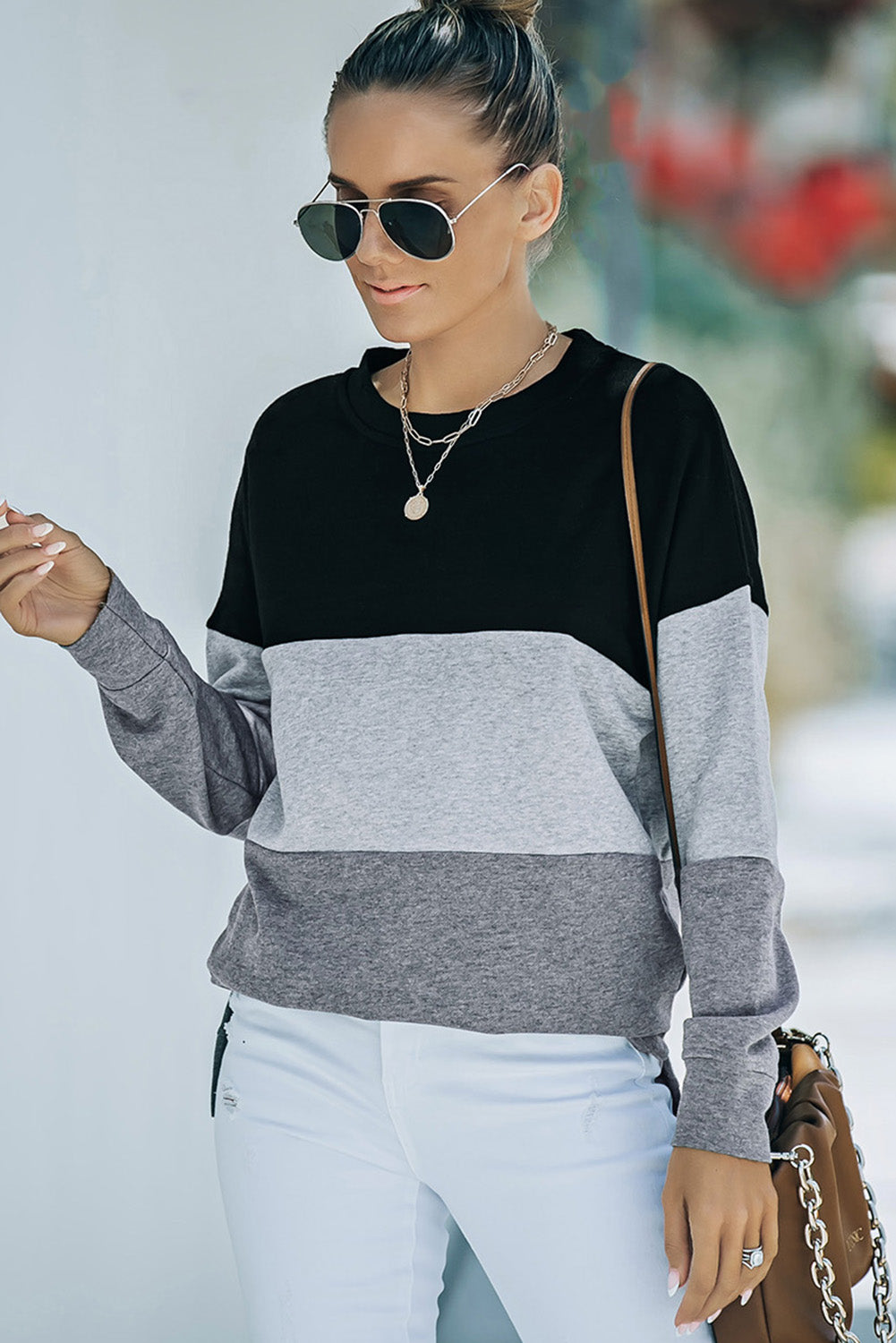 Colorblock Orange Contrast Stitching Sweatshirt with Slits