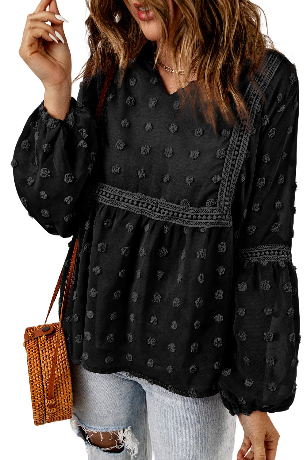 Green Ruffled Split Neck Lace Hollow Out Puff Sleeve Polka Dot Blouse