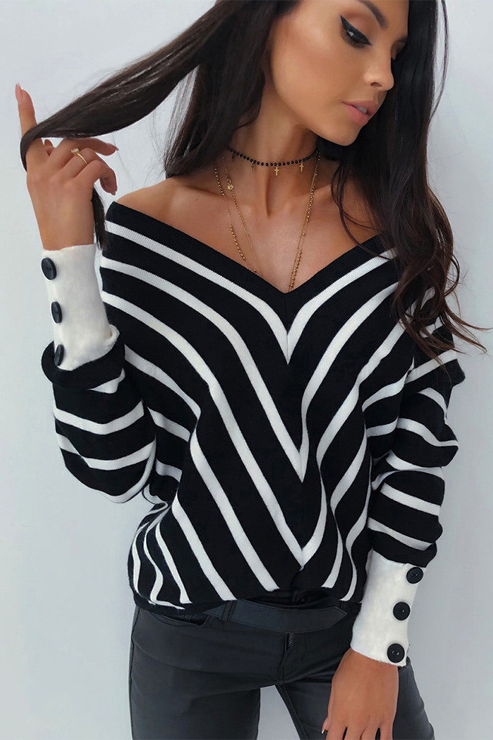 Black V Neck Popper Cuff Striped Casual Sweater