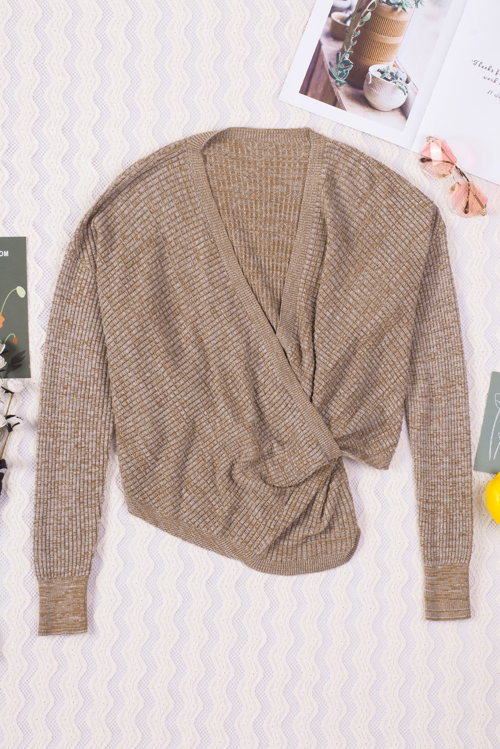 Gray Black/Pink/Gray/Khaki/Apricot Wrap V Neck Waffle Sweater