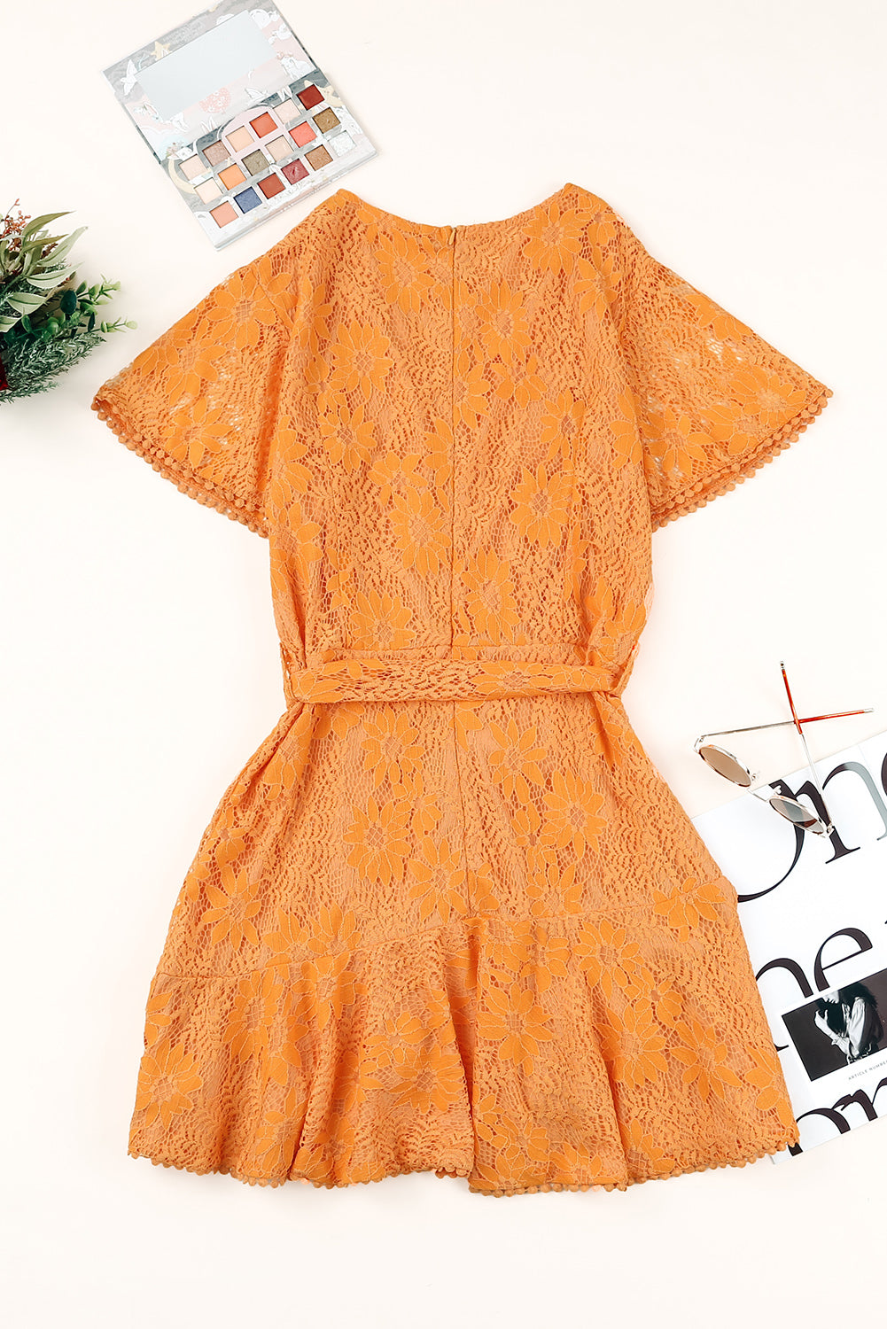 Pink Flutter Sleeve Wrap V Neck Floral Lace Short Dress