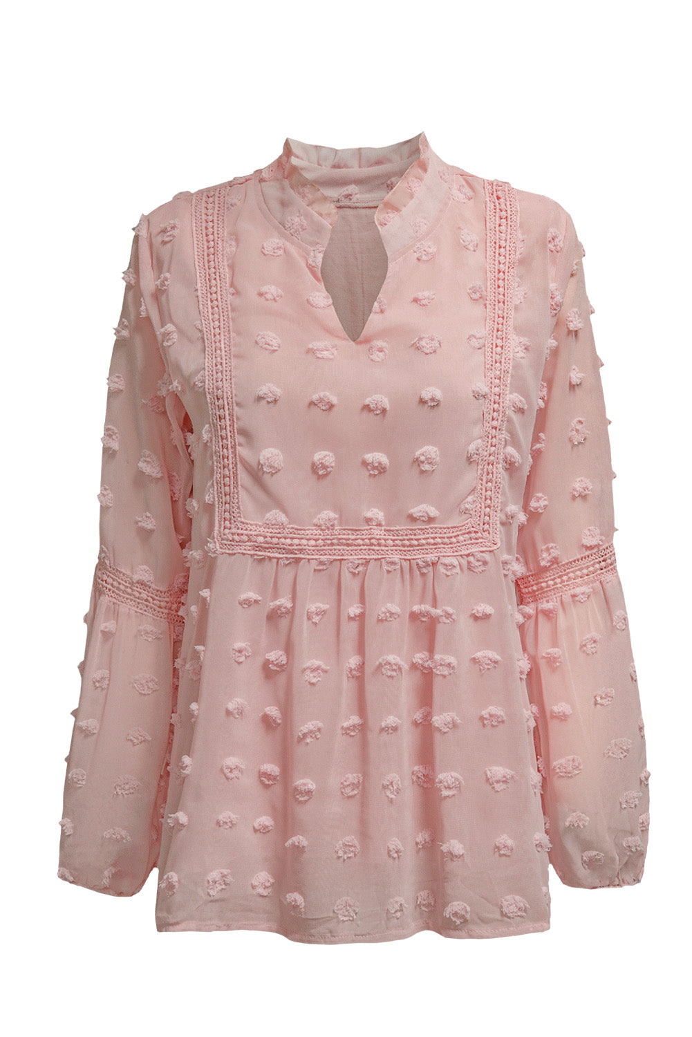 Green Ruffled Split Neck Lace Hollow Out Puff Sleeve Polka Dot Blouse