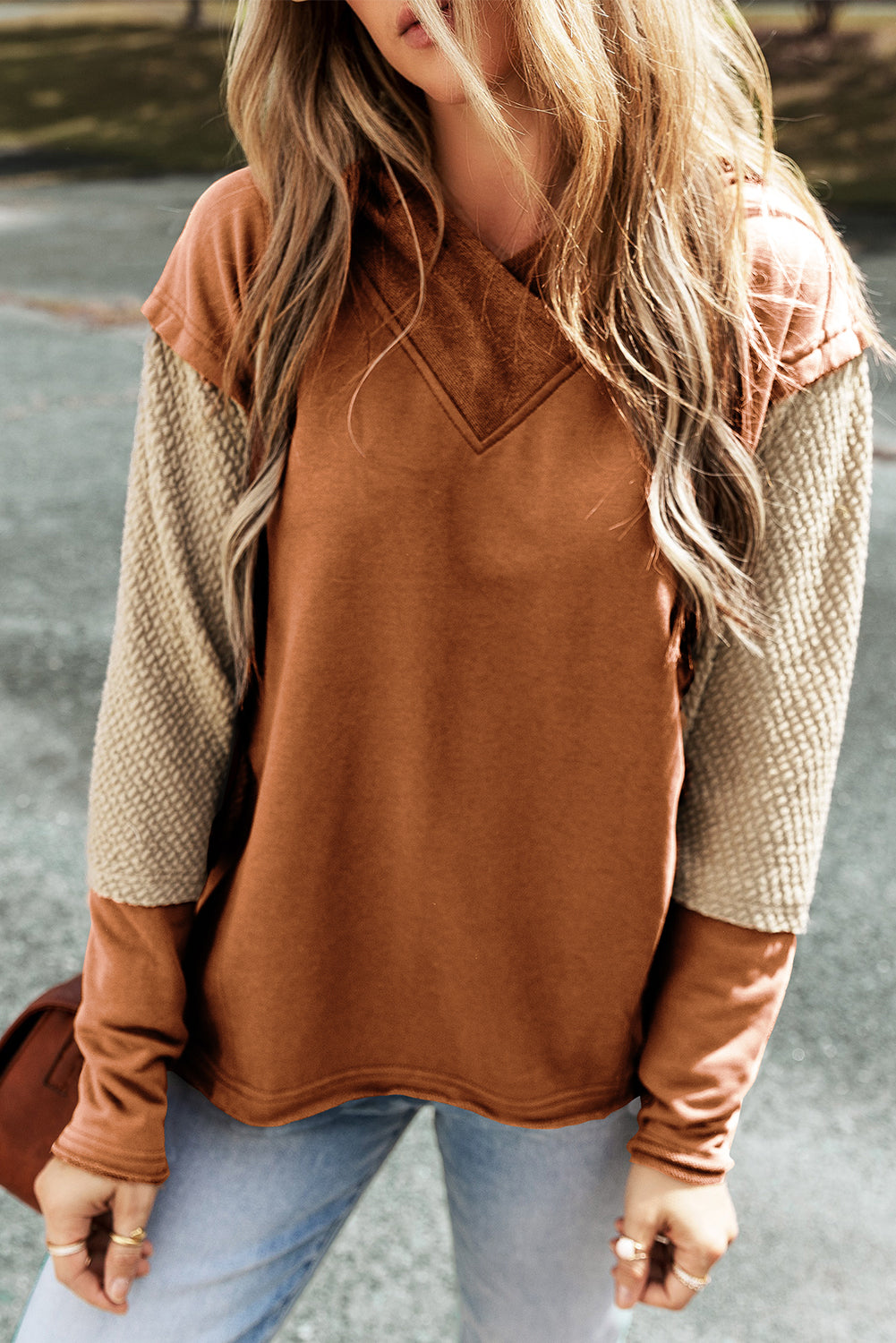 Parchment Contrast Sleeves Patchwork Colorblock Hoodie
